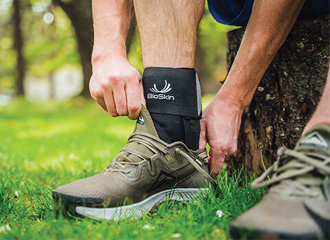 Close-up of a person wearing an ankle brace