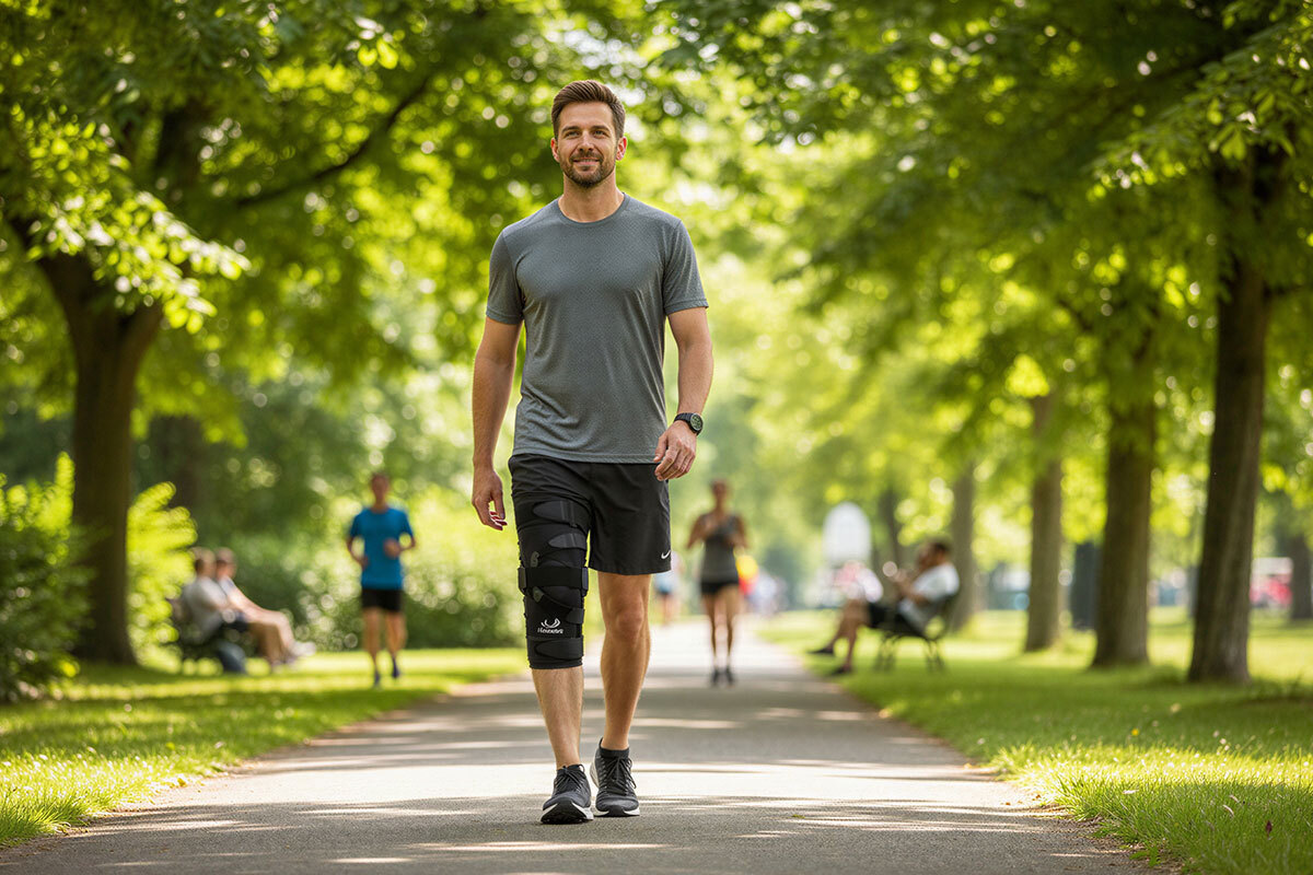 A man walking at the wearing Bioskin Q Lok Dynamic Traction Brace.