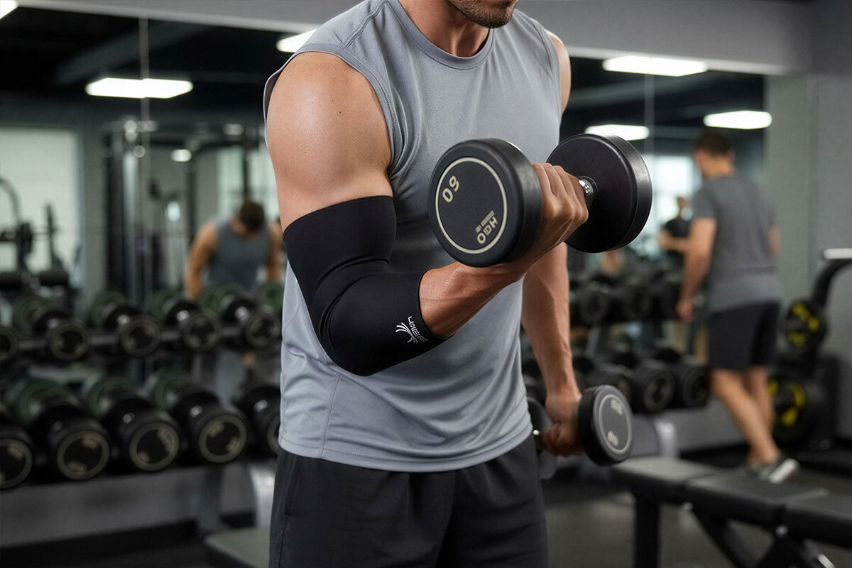 A man wearing Bioskin Standar Elbow Sleeves while doing some dumbbell.