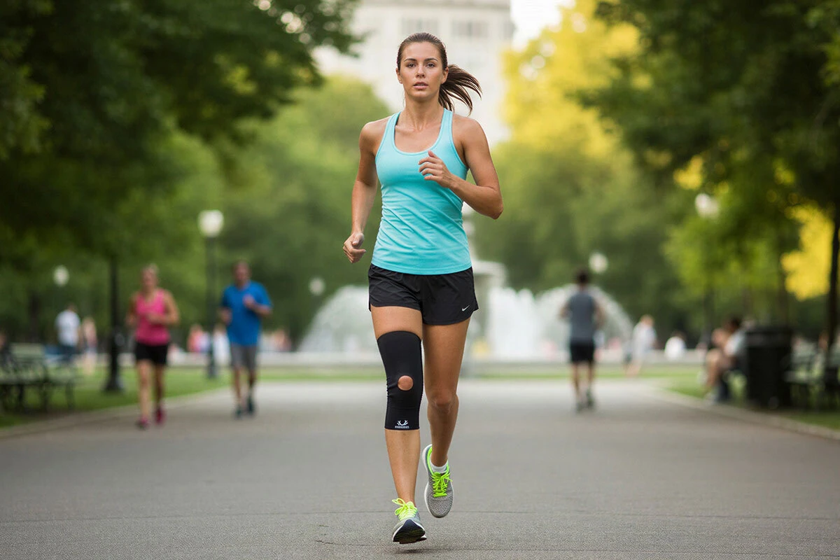 Woman running at the park wearing Knee Compression Sleeve