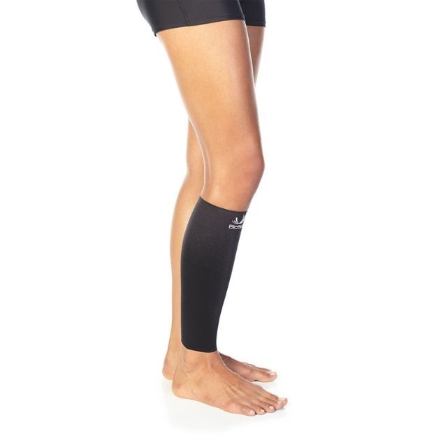Side view of a leg fitted with a BioSkin compression sleeve designed for calf support and comfort.