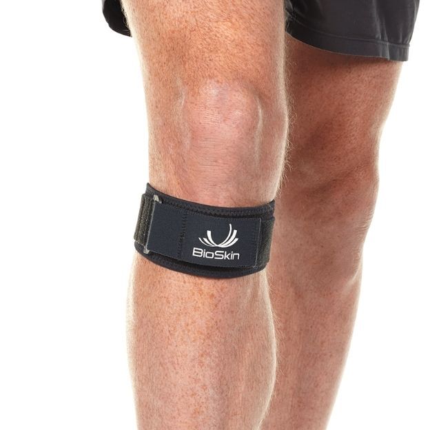 BioSkin Q Baby with patella tendon strap worn below the knee for targeted support.